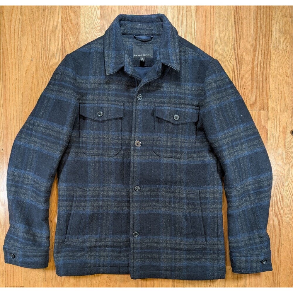 Banana Republic Wool Blend Shirt Jacket Mens Small Navy Plaid Pockets Lined
